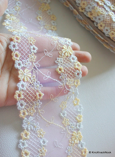 Wholesale Light Pink Soft Net Lace Trim With Embroidered Yellow And Blue Flowers 85mm wide, Floral Lace, Soft Lace Trim